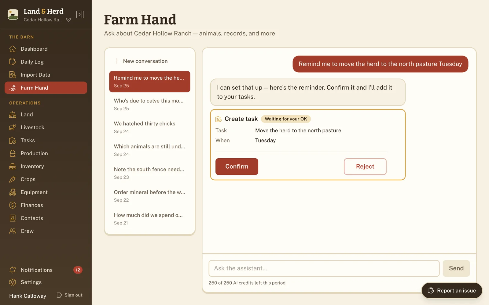 Farm Hand proposing a pasture-move reminder and asking for confirmation before creating the task.