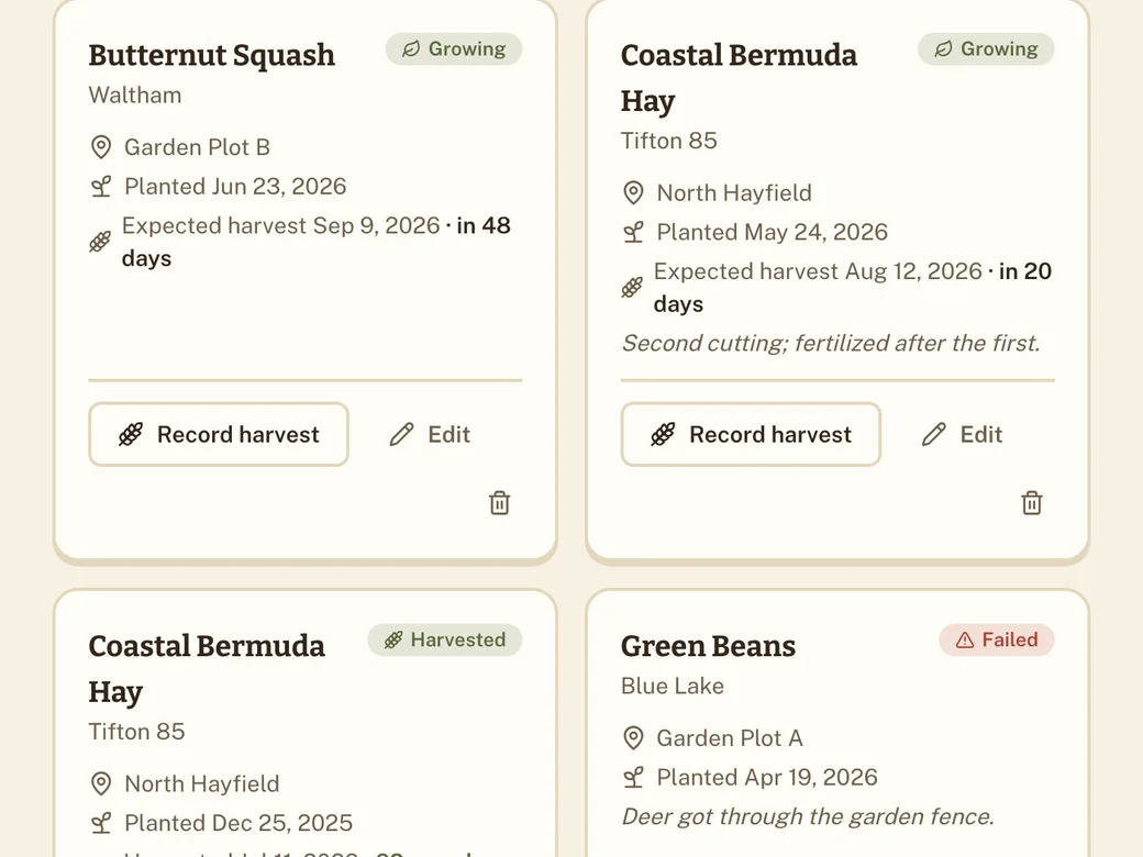 Crops cards showing growing, harvested, and planned crops with harvest countdowns.
