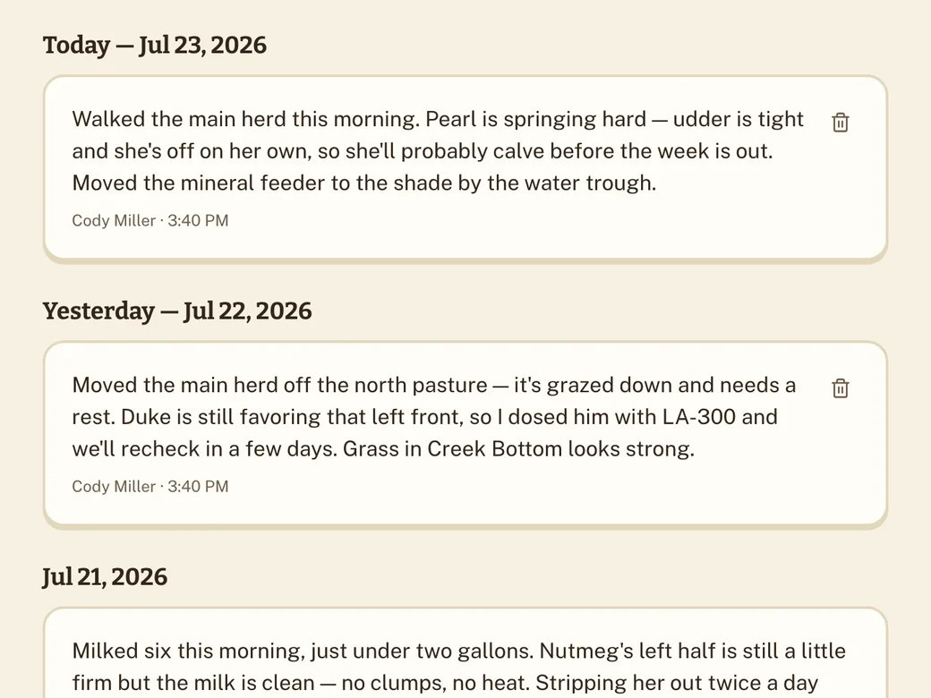 Daily log with a note composer and recent dated entries.