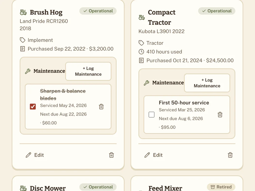 Equipment cards with operational status and maintenance records.