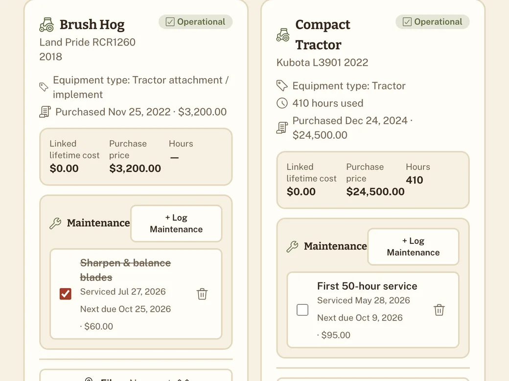 Equipment cards with operational status and maintenance records.