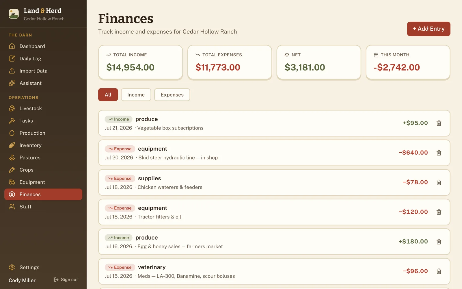 Finances page with total income, expenses, net, and this-month tiles above an income/expense ledger.