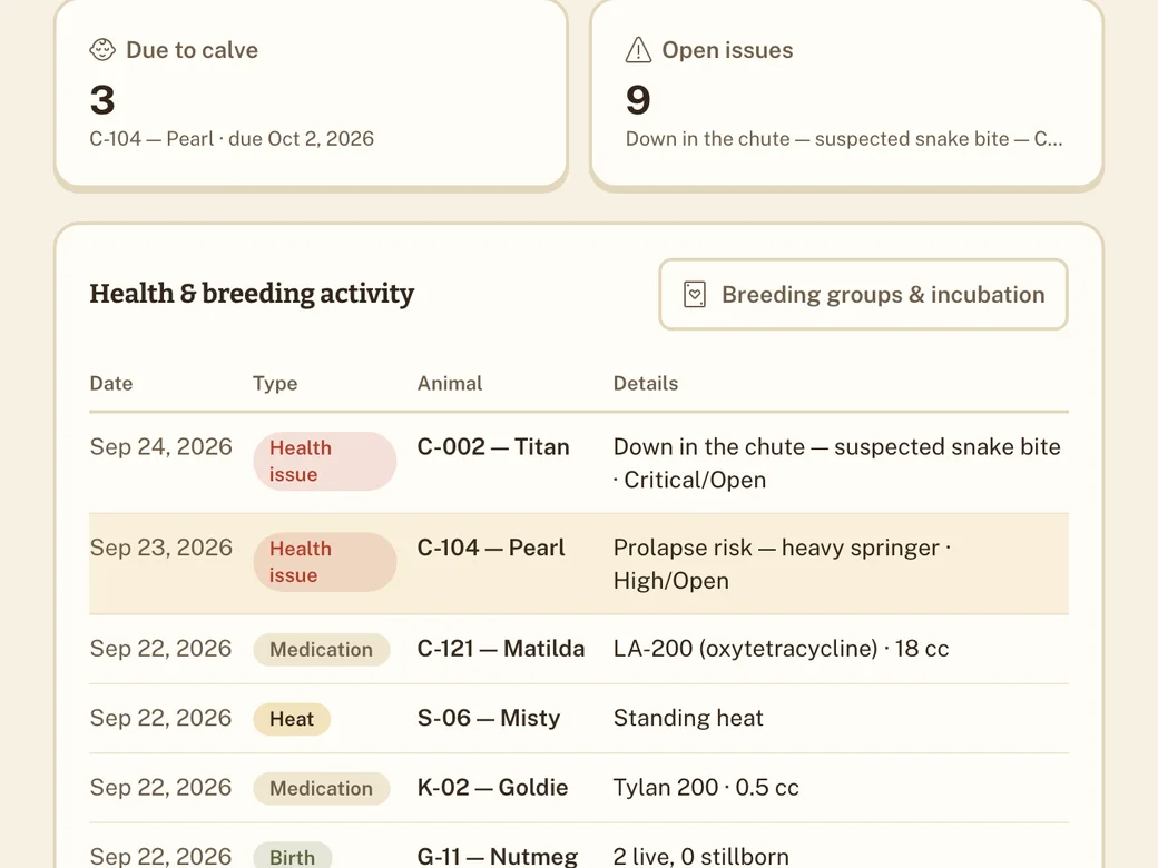 Health overview with open issues, animals due to calve, and recent health and breeding activity.
