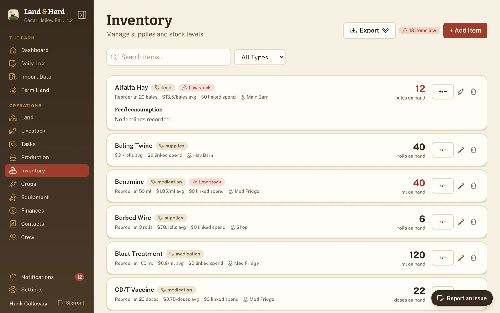 Inventory list with low-stock badges, reorder points, average cost, locations, and quick +/- adjustments.