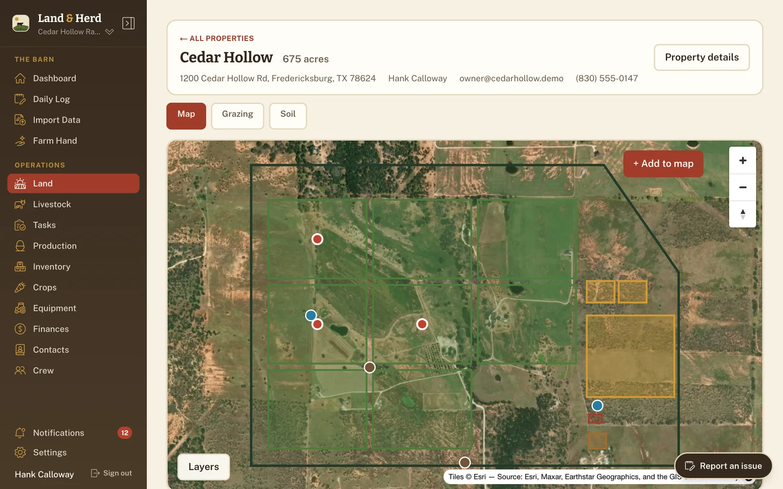 Cedar Hollow's property map with its boundary, pastures and land features.