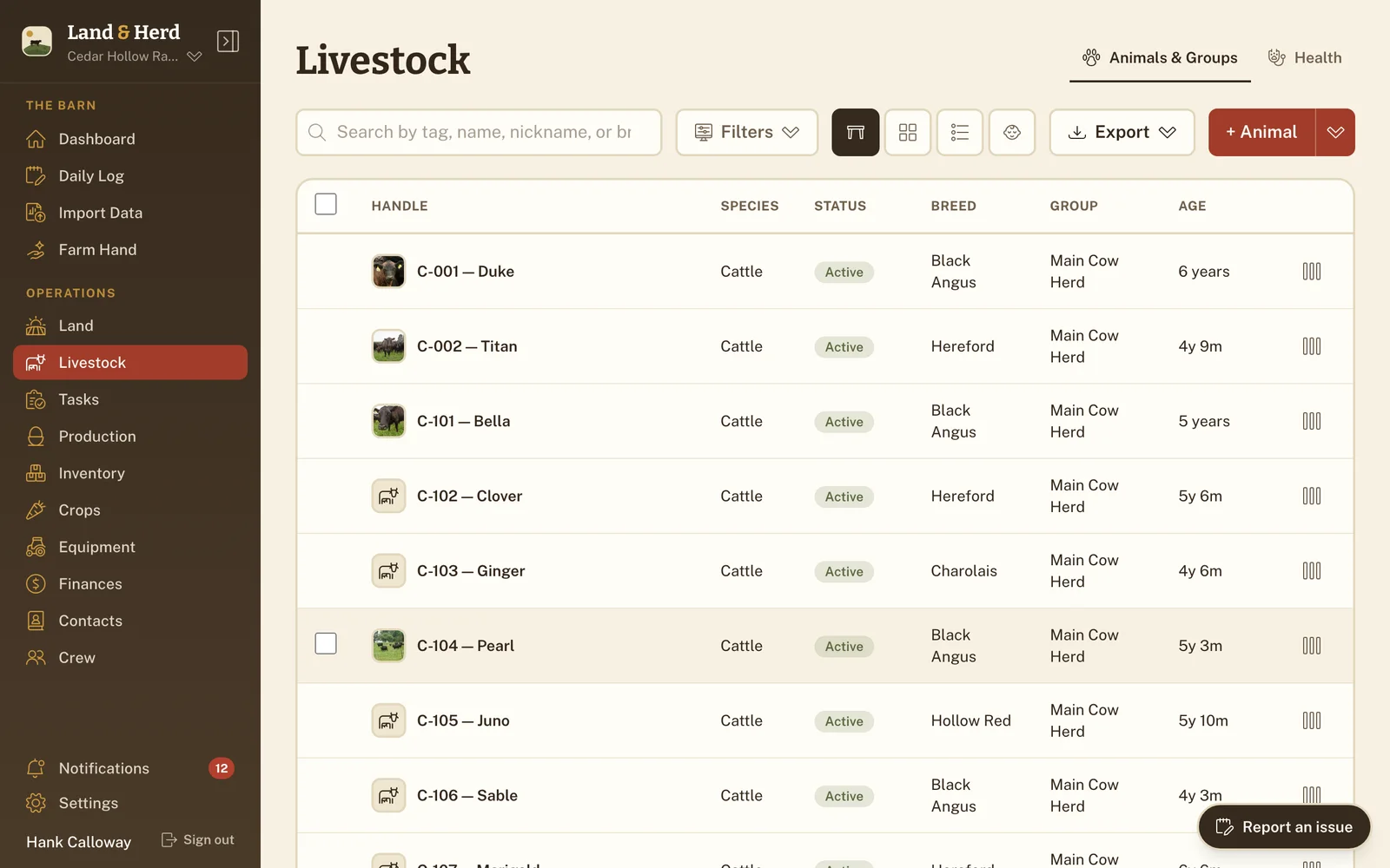 Livestock table with animal photos, tags, species, status, breed and group.