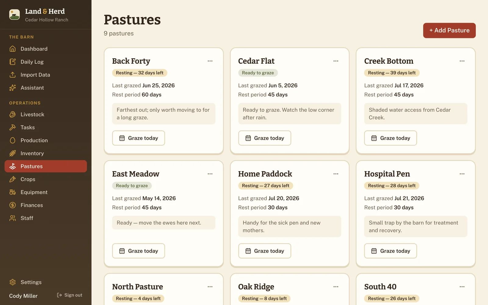 Pasture cards showing ready-to-graze and resting status with days remaining and last-grazed dates.
