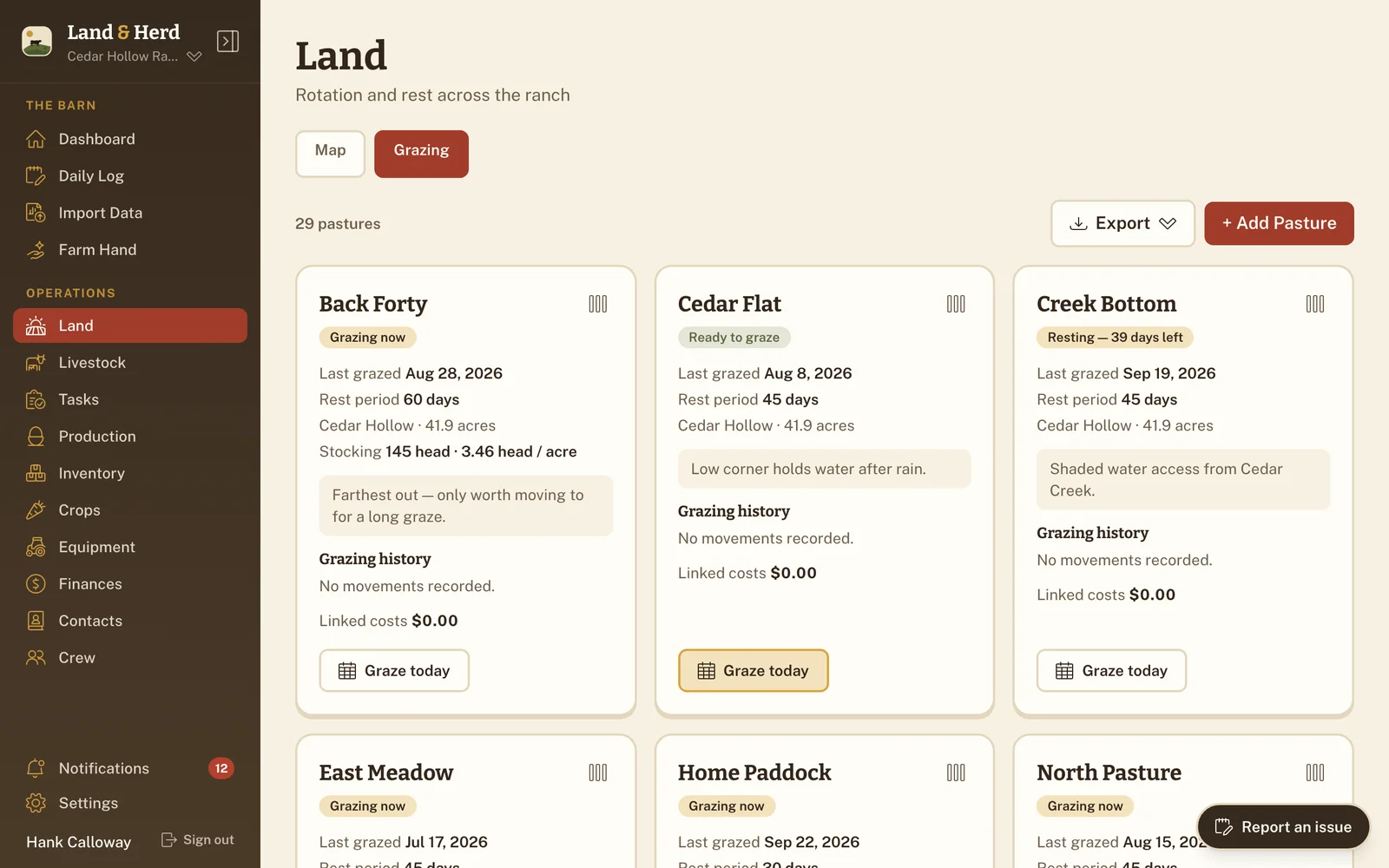 Pasture cards showing ready-to-graze and resting status with days remaining and last-grazed dates.
