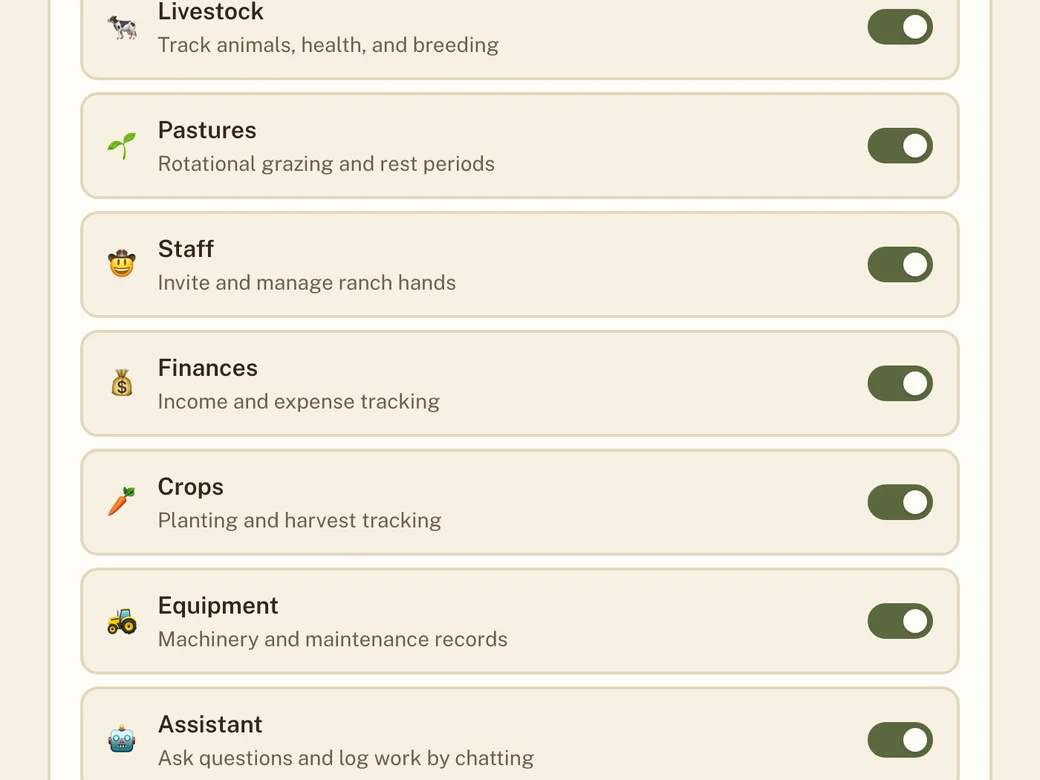 Settings screen listing every module with an on/off toggle, and the always-on ones marked as such.