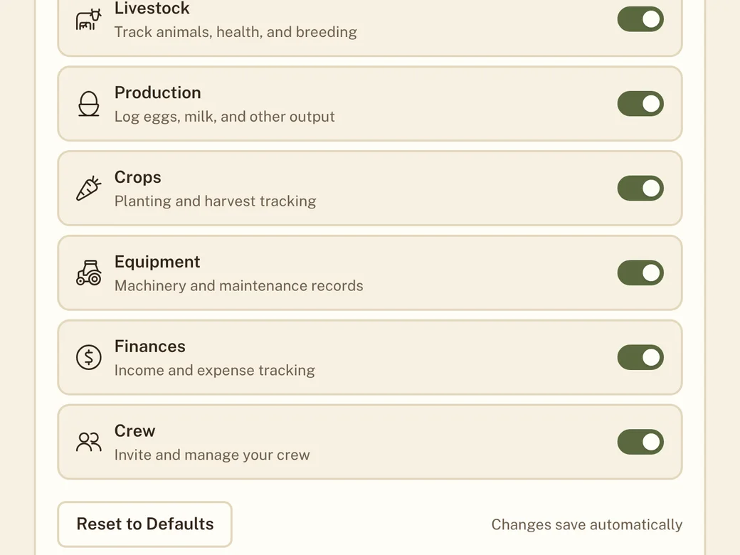 Settings with switches for livestock, production, crops, equipment, finances and crew.