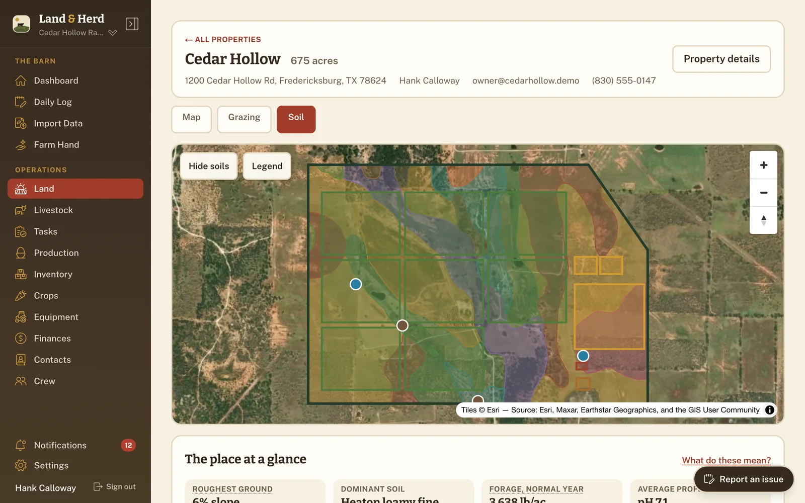 The Soil tab showing USDA survey information for Cedar Hollow.