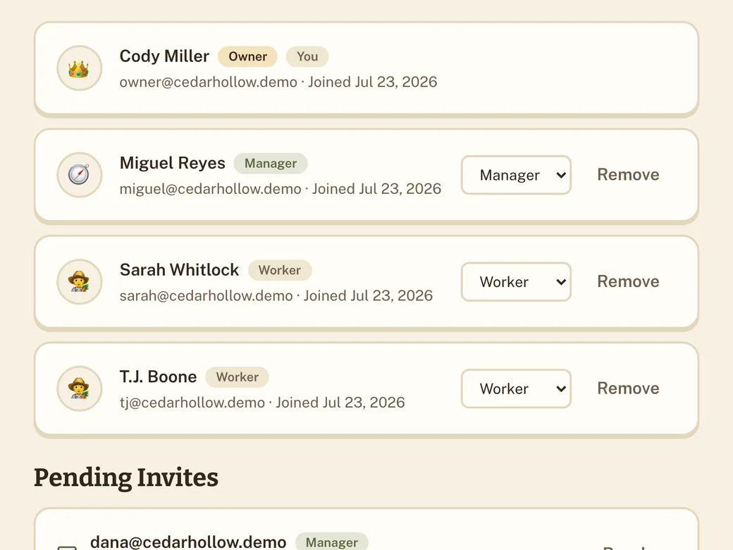 Staff page listing crew members with owner, manager, and worker roles alongside a pending invite link.
