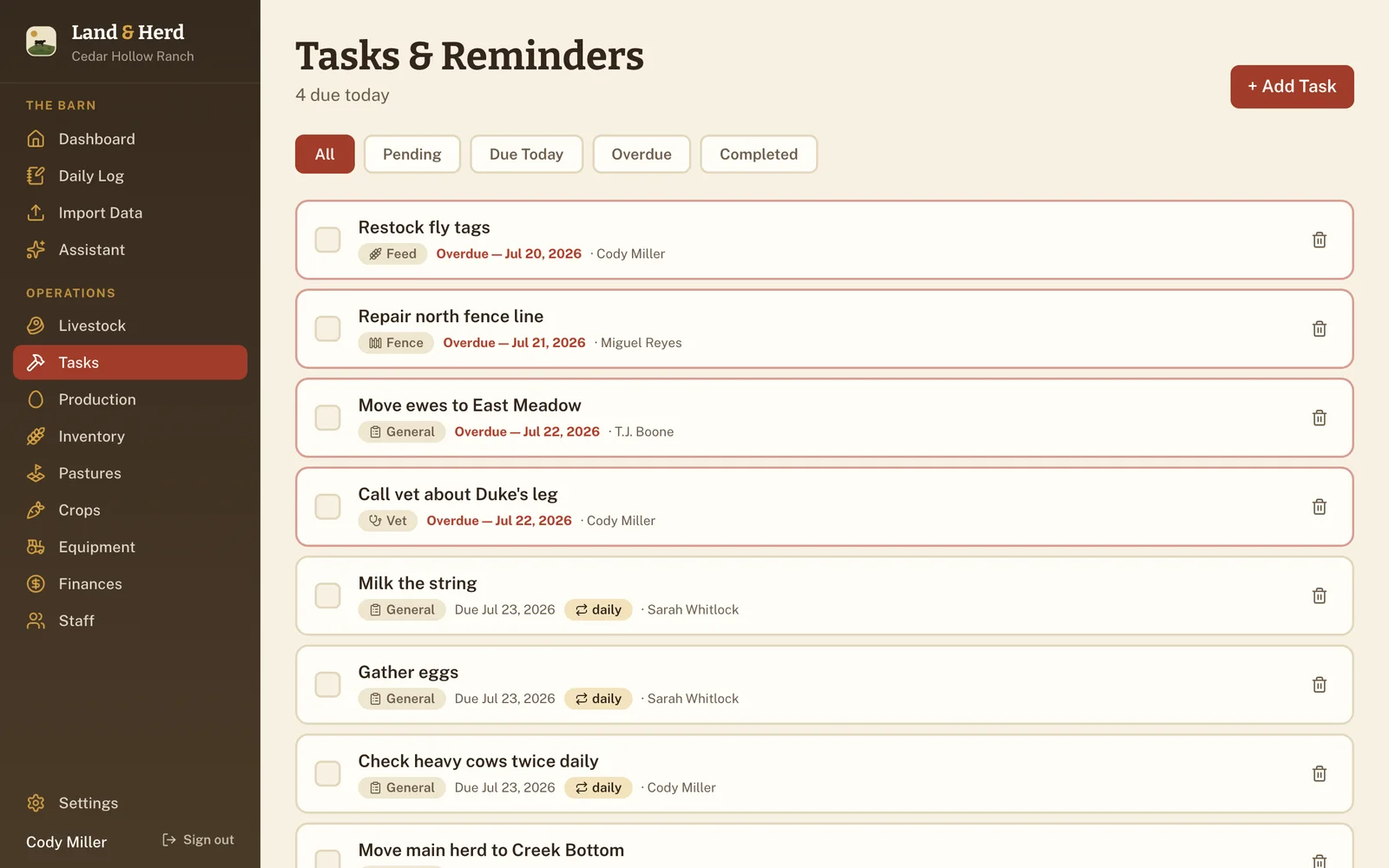 Tasks & Reminders list with category badges, due dates, assignees, and recurring chores.