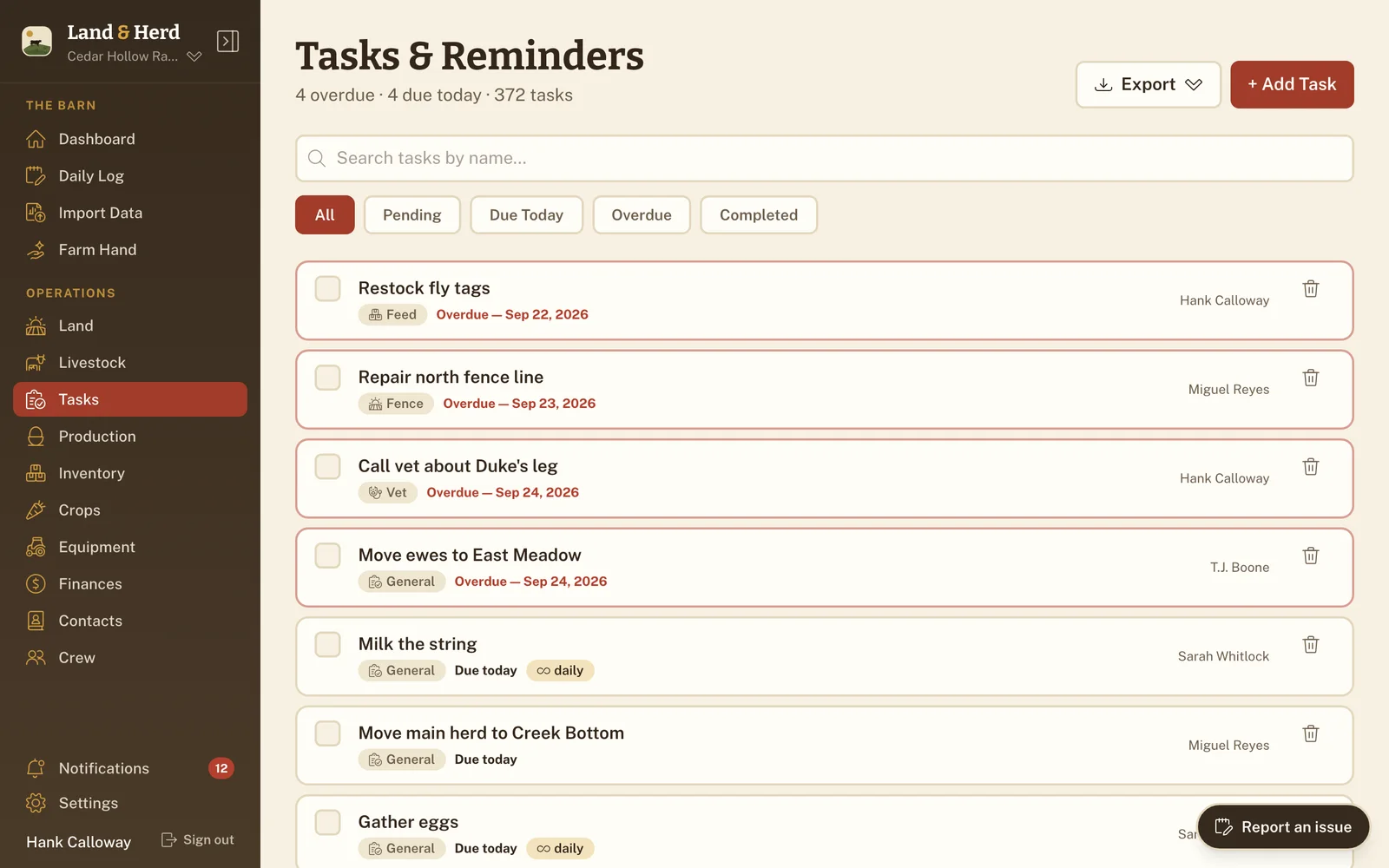 Tasks & Reminders list with category badges, due dates, assignees, and recurring chores.